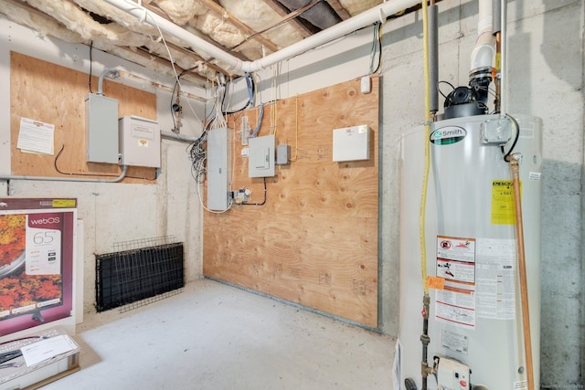 utility room featuring water heater and electric panel