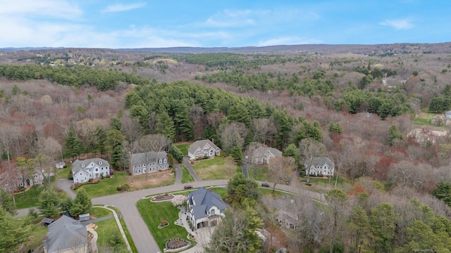 birds eye view of property featuring a residential view and a forest view