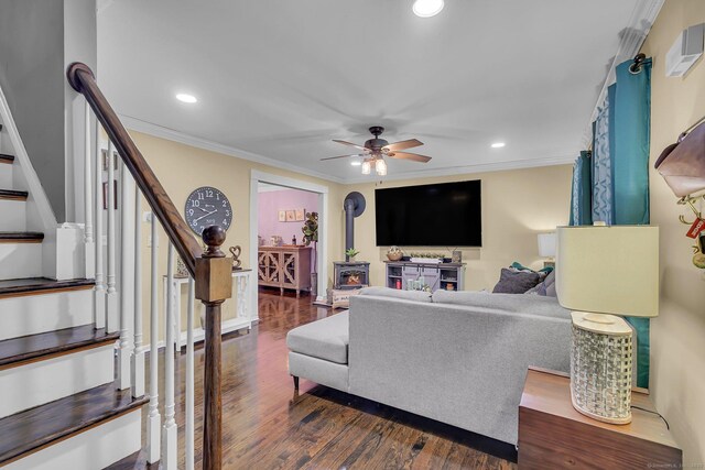 37 Lakeview Ave, Shelton, CT 06484 - living room with stairway, dark wood finished floors, a ceiling fan, crown molding, and recessed lighting