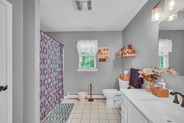 37 Lakeview Ave, Shelton, CT 06484 - full bath with toilet, baseboard heating, vanity, tile patterned floors, and a shower with curtain