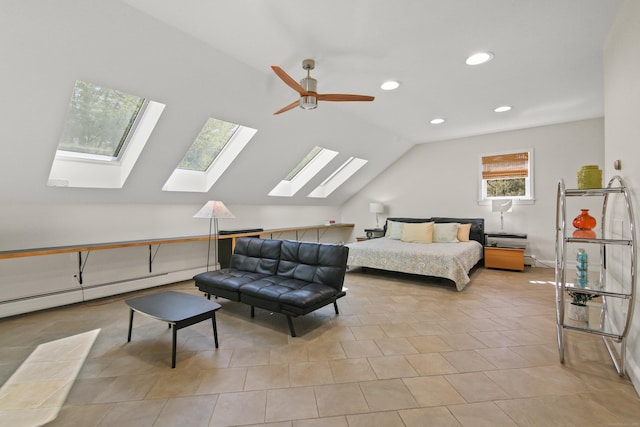 bedroom with recessed lighting, a baseboard radiator, and vaulted ceiling with skylight