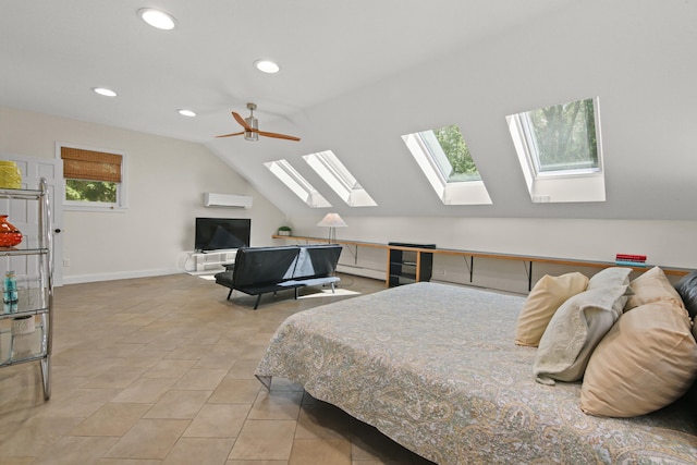 bedroom featuring an AC wall unit, recessed lighting, a baseboard heating unit, and vaulted ceiling with skylight