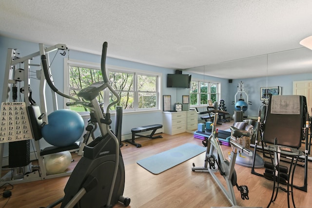 workout area featuring a textured ceiling and wood finished floors
