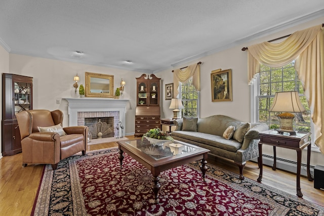 living area featuring crown molding, light wood finished floors, baseboard heating, and a fireplace