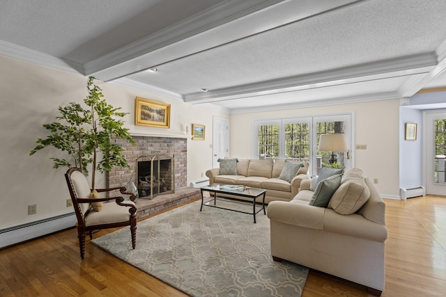 living room with beam ceiling, wood finished floors, and a baseboard radiator