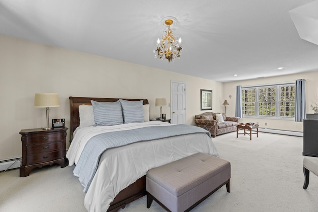 bedroom featuring recessed lighting, carpet flooring, a baseboard radiator, and a chandelier