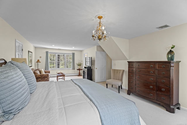 bedroom with baseboards, visible vents, light carpet, and an inviting chandelier