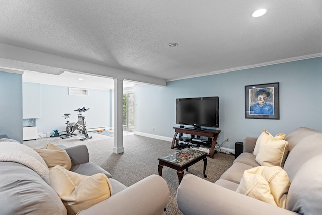 carpeted living room with recessed lighting, baseboards, and a textured ceiling