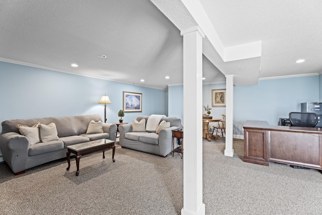 carpeted living room with crown molding, recessed lighting, and a textured ceiling