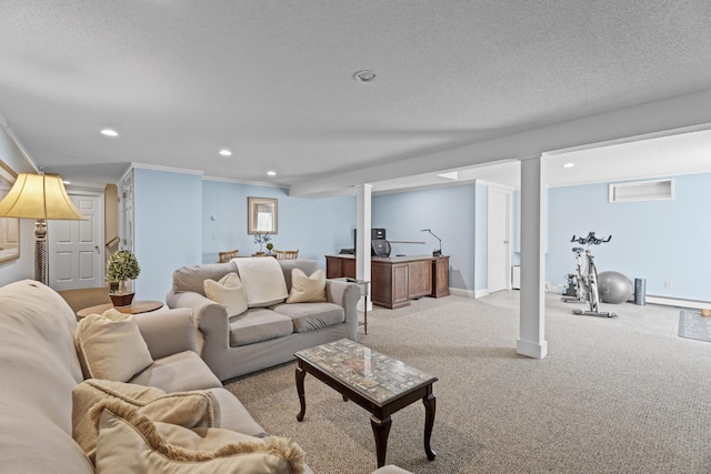 living room featuring crown molding, recessed lighting, a baseboard radiator, and light colored carpet