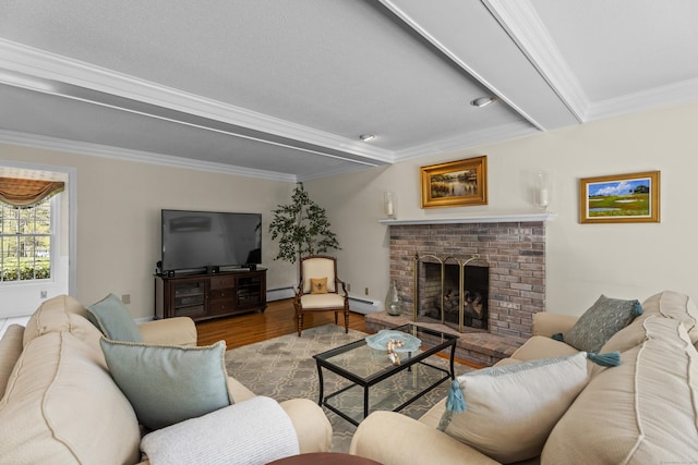 living room with crown molding, a brick fireplace, wood finished floors, and baseboard heating