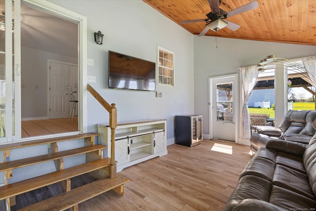 6 Margaret Cir, Pomfret, CT 06259 - living room featuring a ceiling fan, baseboards, wooden ceiling, and lofted ceiling
