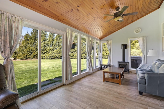 6 Margaret Cir, Pomfret, CT 06259 - sunroom featuring wood ceiling, ceiling fan, a wood stove, and wood finished floors
