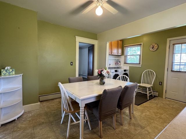 33 E Brown St, West Haven, CT 06516 - dining space featuring independent washer and dryer, a ceiling fan, a wealth of natural light, and a baseboard radiator