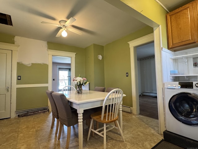 33 E Brown St, West Haven, CT 06516 - dining room featuring a baseboard heating unit, ceiling fan, washer / dryer, and light tile patterned floors