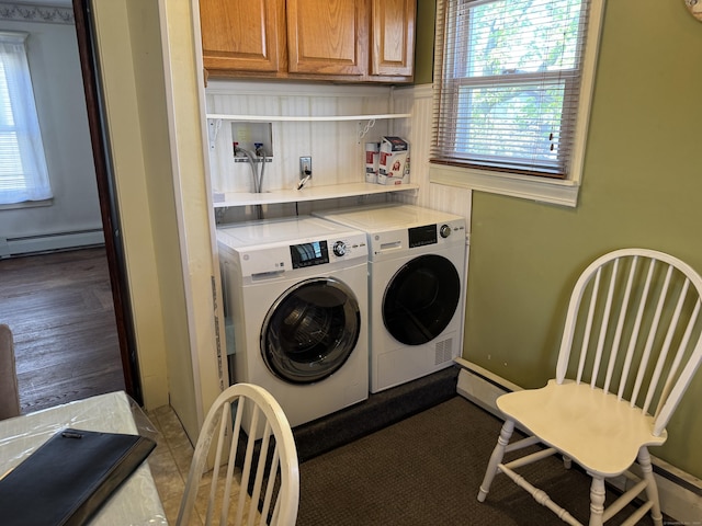 33 E Brown St, West Haven, CT 06516 - clothes washing area featuring separate washer and dryer, baseboard heating, and cabinet space
