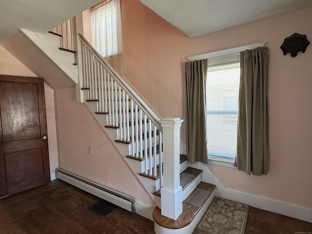 33 E Brown St, West Haven, CT 06516 - staircase featuring baseboards, a baseboard radiator, and wood finished floors