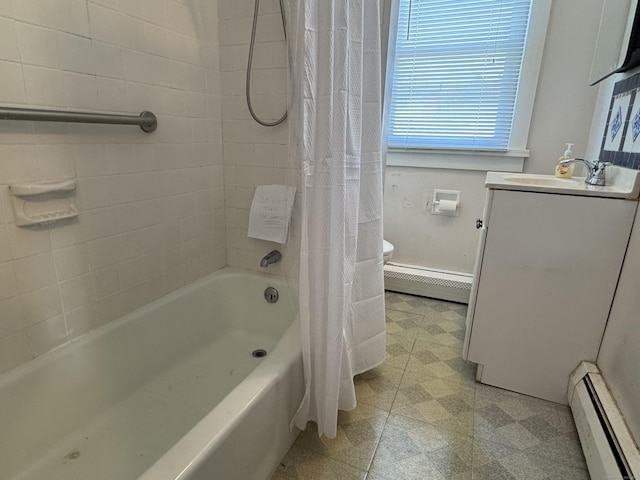 33 E Brown St, West Haven, CT 06516 - full bathroom featuring shower / bath combo with shower curtain, baseboard heating, and vanity