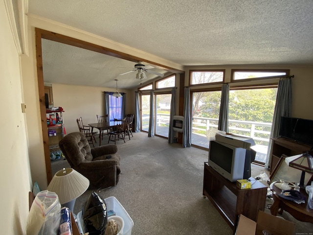 20 Connecticut Dr, Plainfield, CT 06374 - carpeted living area featuring a textured ceiling and ceiling fan