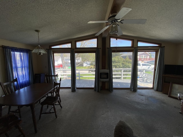 20 Connecticut Dr, Plainfield, CT 06374 - dining area featuring a textured ceiling, vaulted ceiling, carpet floors, plenty of natural light, and ceiling fan