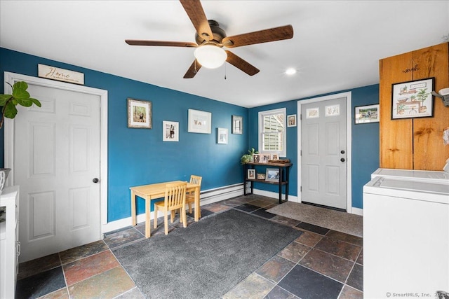 entrance foyer with independent washer and dryer, stone tile floors, a ceiling fan, recessed lighting, and baseboards