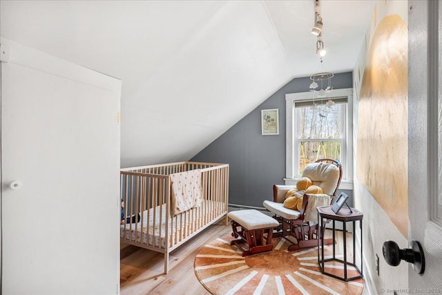 bedroom featuring a nursery area, rail lighting, wood finished floors, lofted ceiling, and a baseboard heating unit