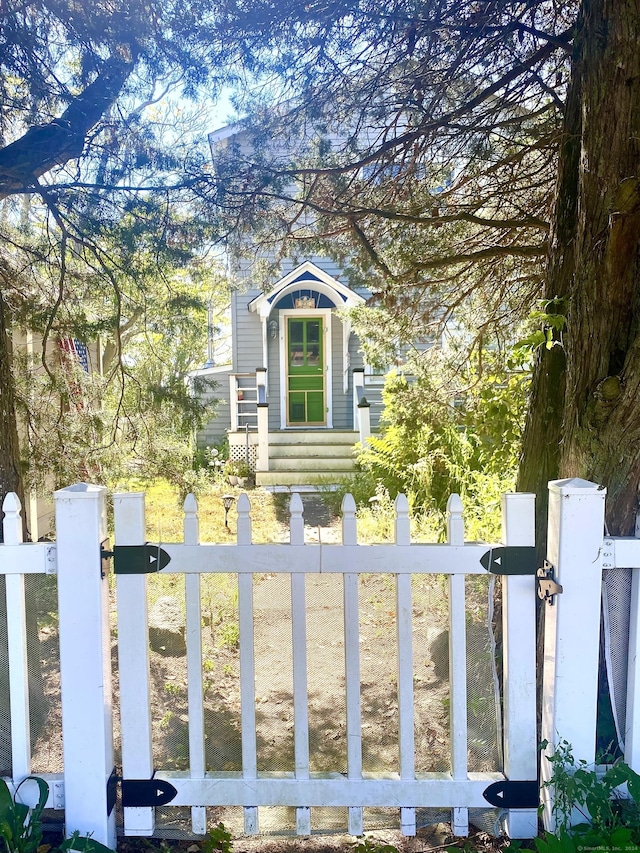 exterior space featuring a fenced front yard and a gate