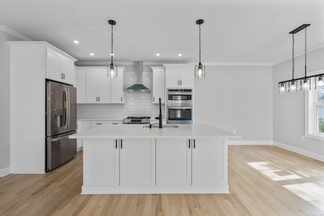 93 Wyoming St, Stratford, CT 06614 - kitchen featuring appliances with stainless steel finishes, wall chimney range hood, light countertops, baseboards, and backsplash