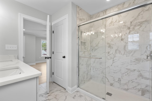 93 Wyoming St, Stratford, CT 06614 - full bath featuring a marble finish shower, baseboards, marble look tiles, recessed lighting, and double vanity