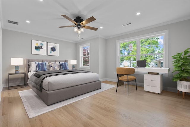 93 Wyoming St, Stratford, CT 06614 - bedroom with an office area, baseboards, crown molding, light wood-style flooring, and recessed lighting