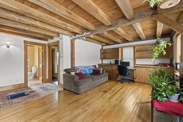 living room with wood ceiling, beam ceiling, and light wood-style flooring