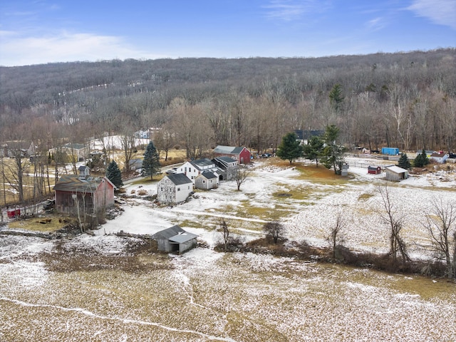 snowy aerial view featuring a forest view