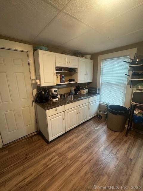 kitchen featuring dark wood-type flooring, a sink, white cabinets, and dark countertops