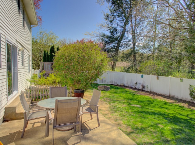 view of patio with a fenced backyard and outdoor dining space