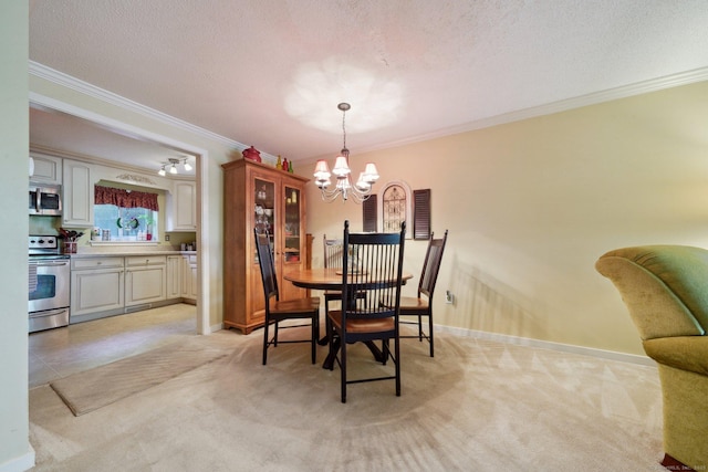dining area featuring crown molding, light colored carpet, a textured ceiling, and a chandelier