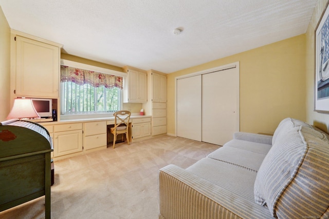 interior space featuring light colored carpet and built in study area