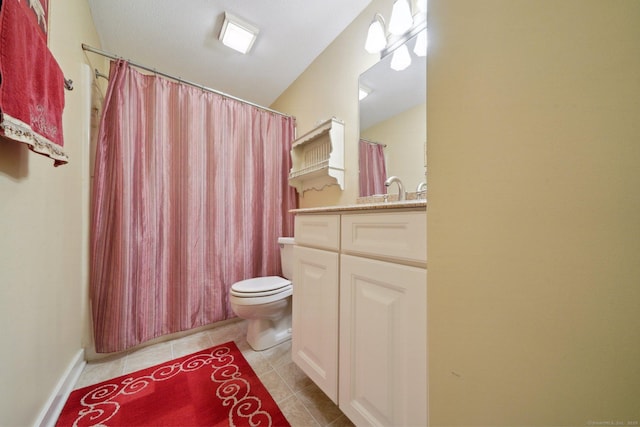 full bathroom featuring vanity, tile patterned floors, vaulted ceiling, and toilet