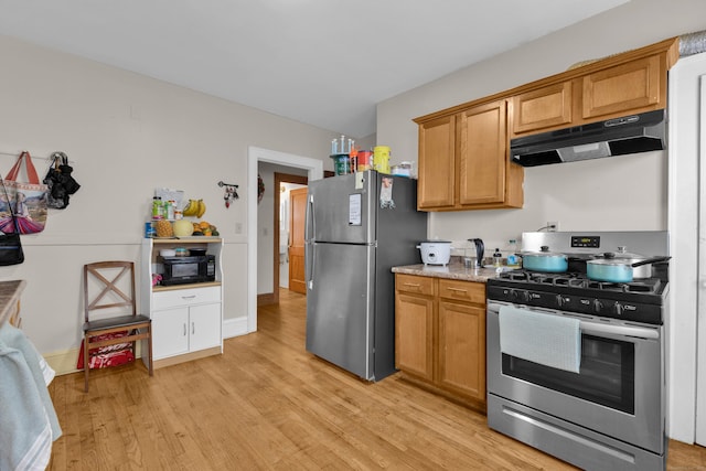 kitchen featuring brown cabinetry, stainless steel appliances, light stone counters, under cabinet range hood, and light wood-style flooring