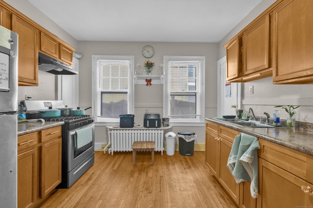 kitchen featuring a sink, radiator heating unit, light wood-type flooring, under cabinet range hood, and appliances with stainless steel finishes