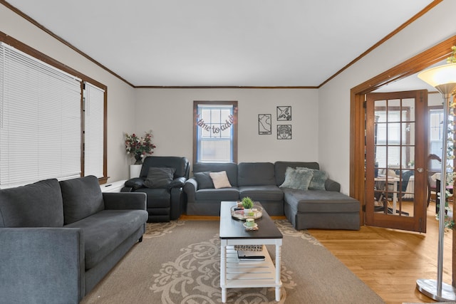 living room with french doors, wood finished floors, and ornamental molding