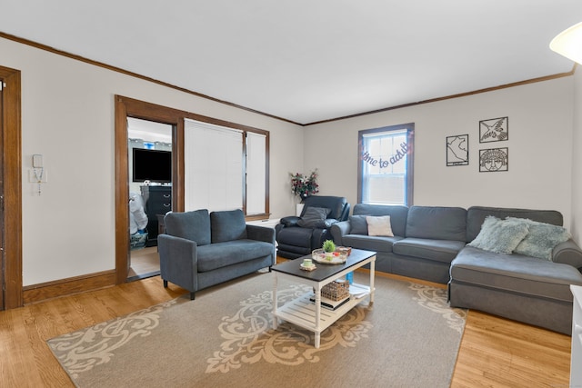 living room featuring ornamental molding and wood finished floors