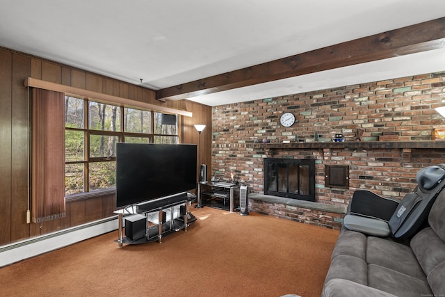 carpeted living room with a baseboard radiator, beamed ceiling, a brick fireplace, and wood walls