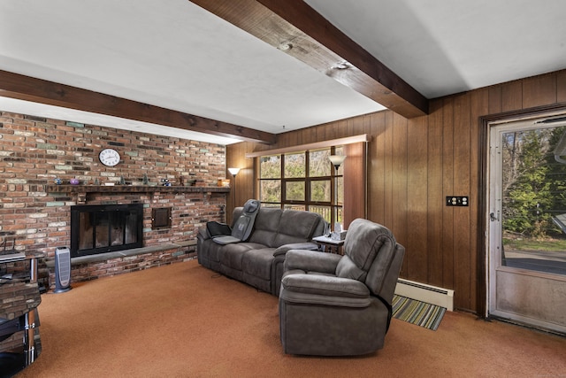 carpeted living area with wooden walls, baseboard heating, a fireplace, and beam ceiling