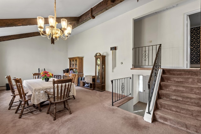 carpeted dining area with a towering ceiling, beamed ceiling, and a notable chandelier
