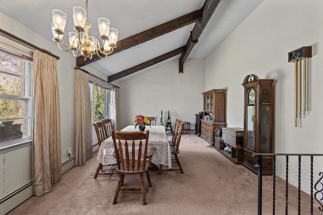 dining area featuring carpet flooring, a baseboard heating unit, beam ceiling, and a notable chandelier