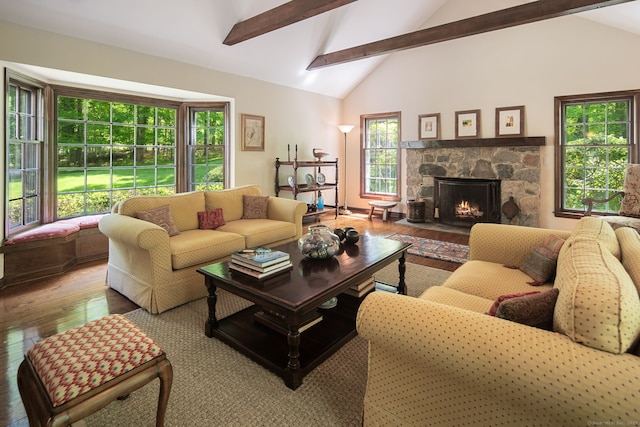 5 Dorr Rd, Darien, CT 06820 - living area featuring wood-type flooring and a stone fireplace