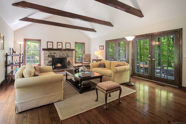 5 Dorr Rd, Darien, CT 06820 - living area featuring french doors, beam ceiling, dark wood finished floors, a fireplace, and high vaulted ceiling