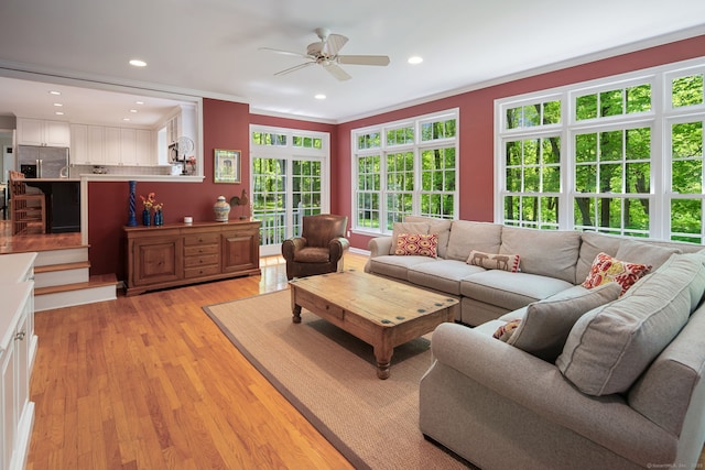 5 Dorr Rd, Darien, CT 06820 - living area with ceiling fan, crown molding, light wood-type flooring, and recessed lighting