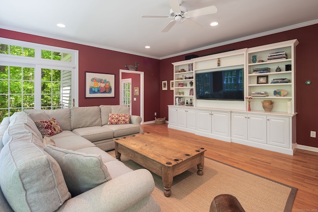 5 Dorr Rd, Darien, CT 06820 - living room with ceiling fan, crown molding, baseboards, light wood-style floors, and recessed lighting