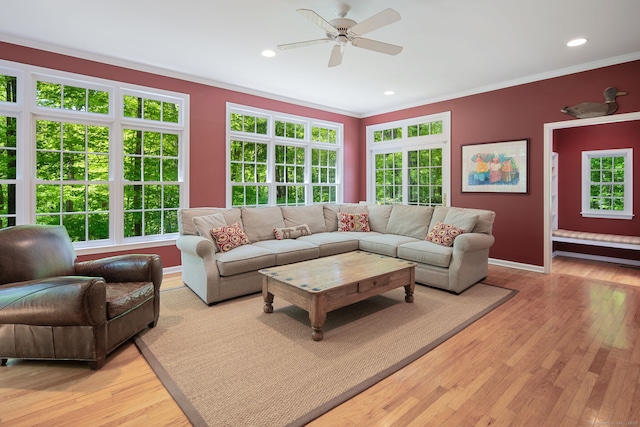 5 Dorr Rd, Darien, CT 06820 - living area featuring a ceiling fan, crown molding, plenty of natural light, baseboards, and light wood-style flooring